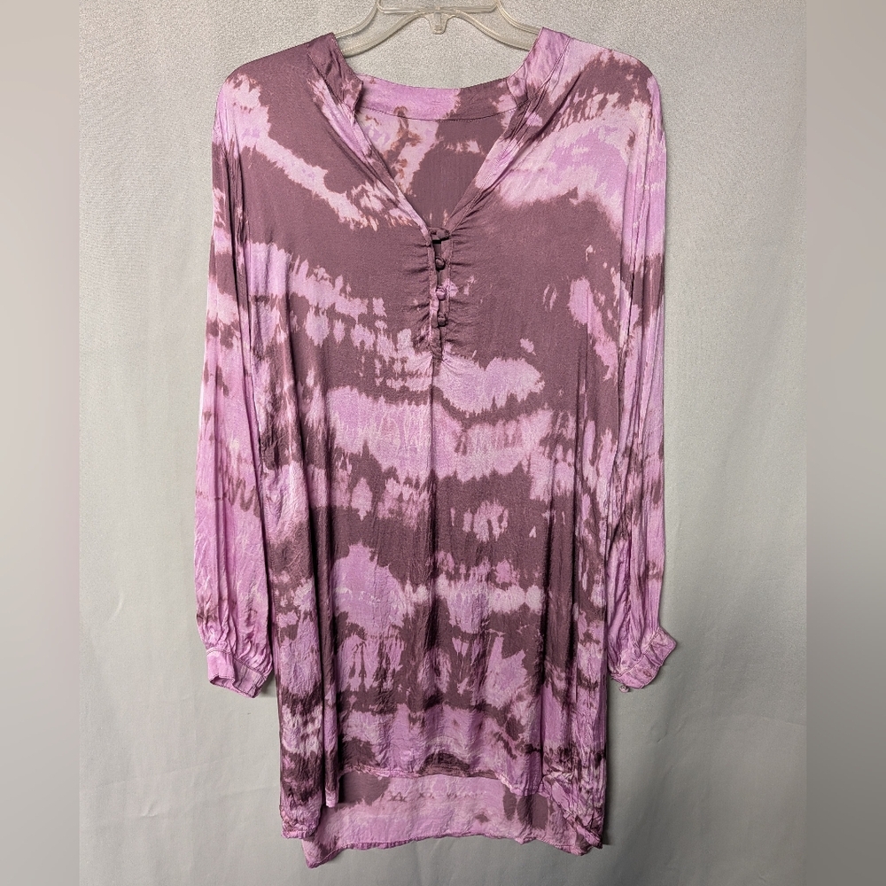 Purple Tie-Dye Button-Up Viscose Long Sleeve Dress Tunic Size Medium